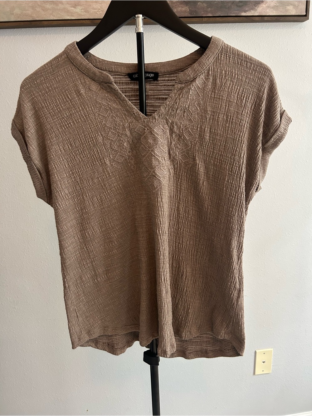 Cable & Gauge Taupe Crinkle V-Neck Short Sleeve Top